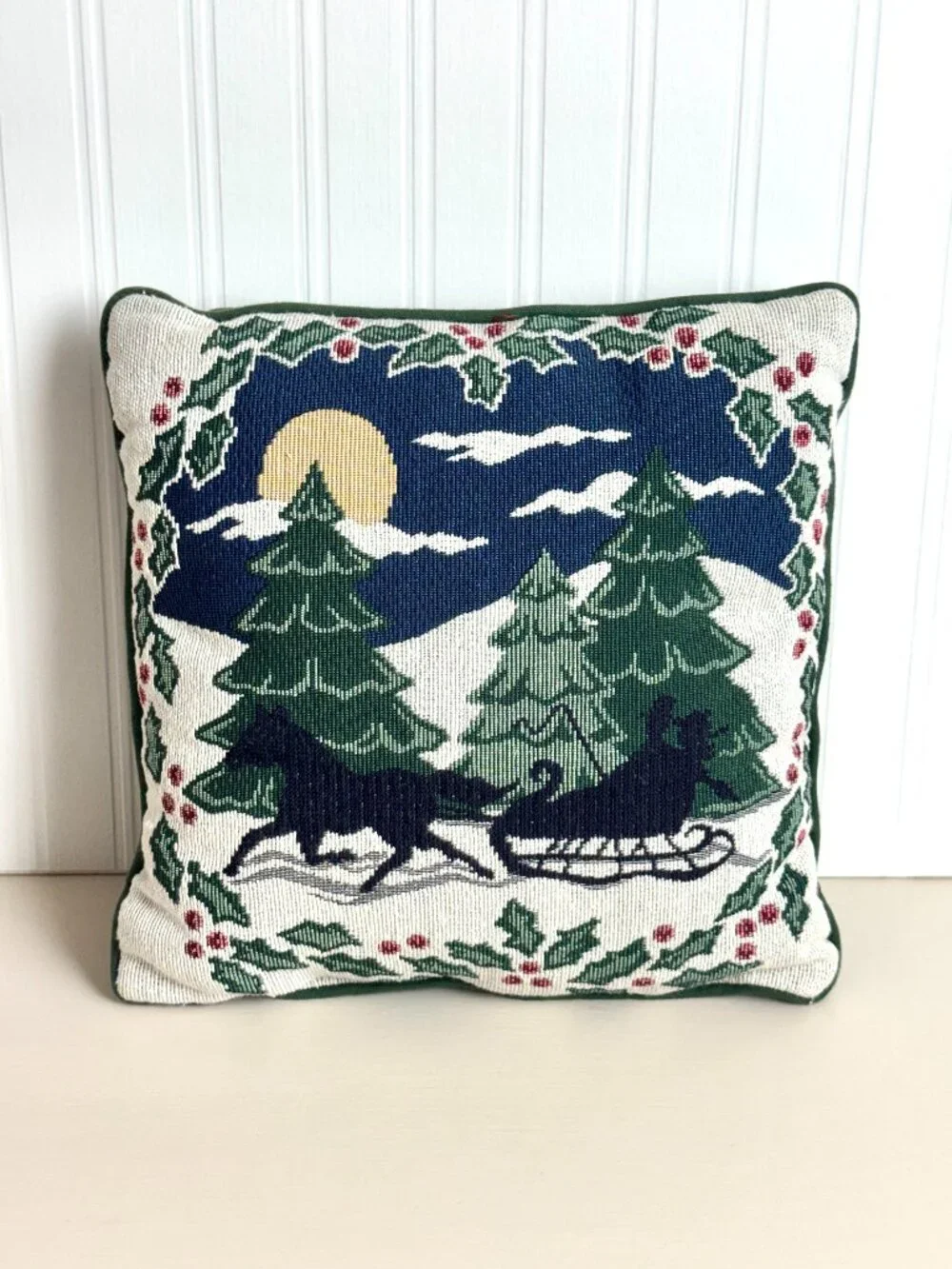 Vtg Christmas Trees Tapestry Throw Pillow Sleigh Ride Victorian Silhouette Holly